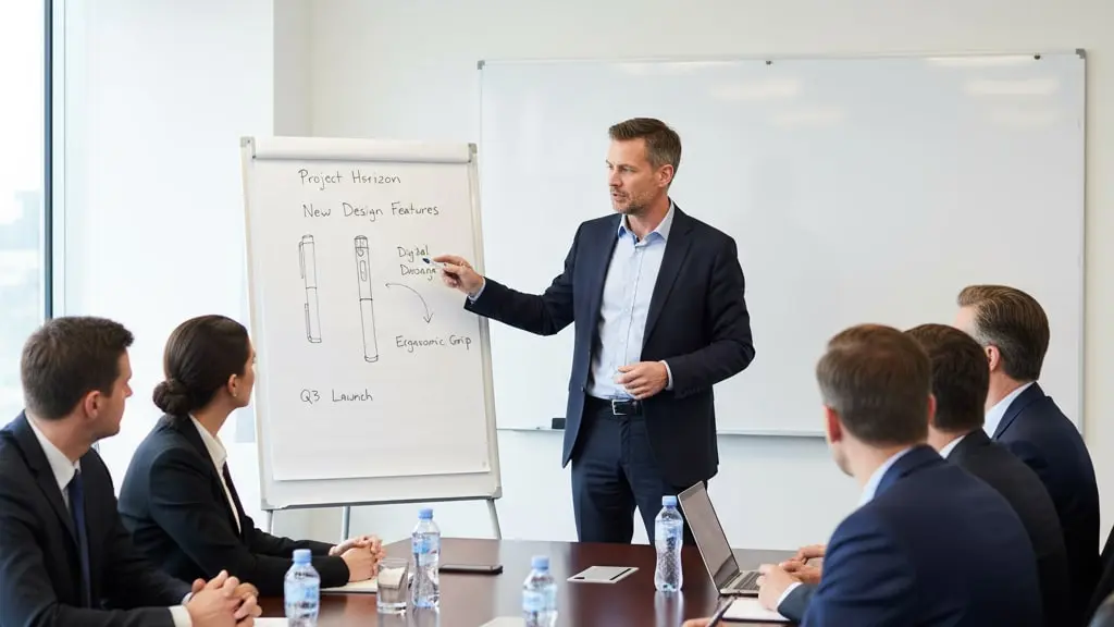 Engineer in technical meeting explaining how rotational damping of injection pen button achieves ±2% dose accuracy and reduces injection pain - whiteboard diagram visible