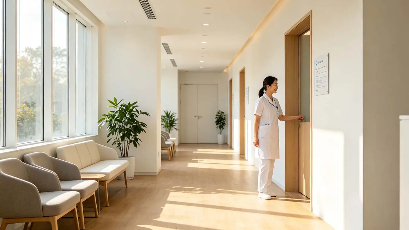 Modern functional medicine clinic hallway with clean finishes and clinical lighting
