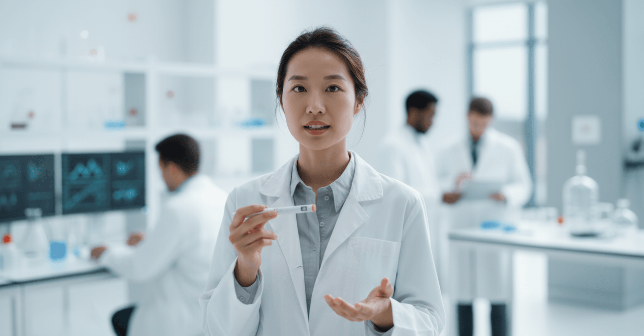 Female engineer in white lab coat measuring silicone damping ring of injection pen using optical comparator for dose accuracy