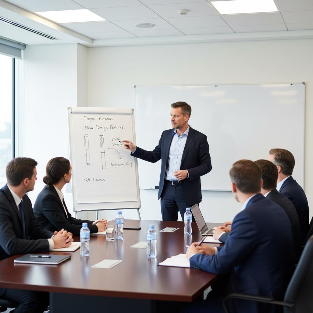 Engineer in technical meeting explaining how rotational damping of injection pen button achieves ±2% dose accuracy and reduces injection pain - whiteboard diagram visible