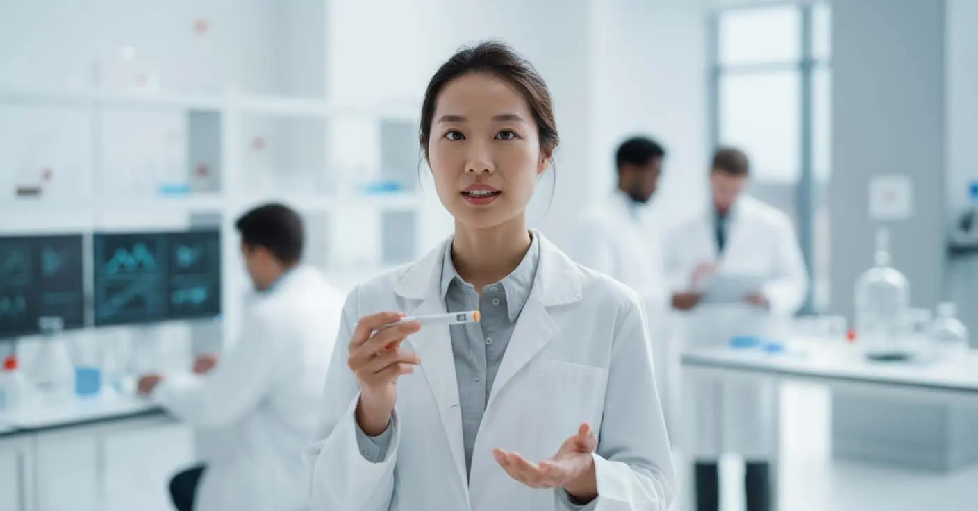 Female engineer in white lab coat measuring silicone damping ring of injection pen using optical comparator for dose accuracy