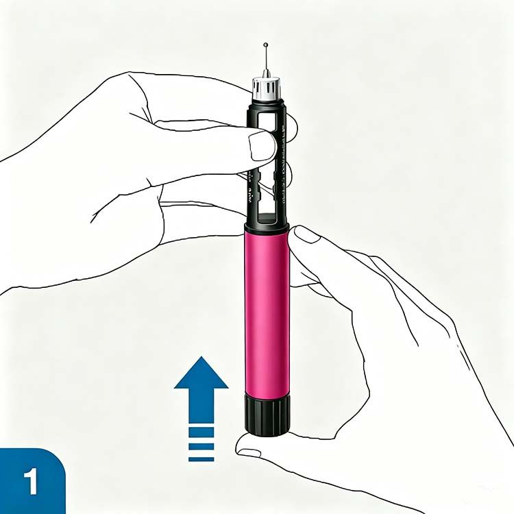 Disposable injection pen workflow step 1: inspect pen, remove cap, and prepare for injection