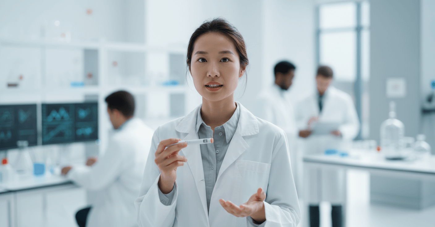 Female engineer in white lab coat measuring silicone damping ring of injection pen using optical comparator for dose accuracy